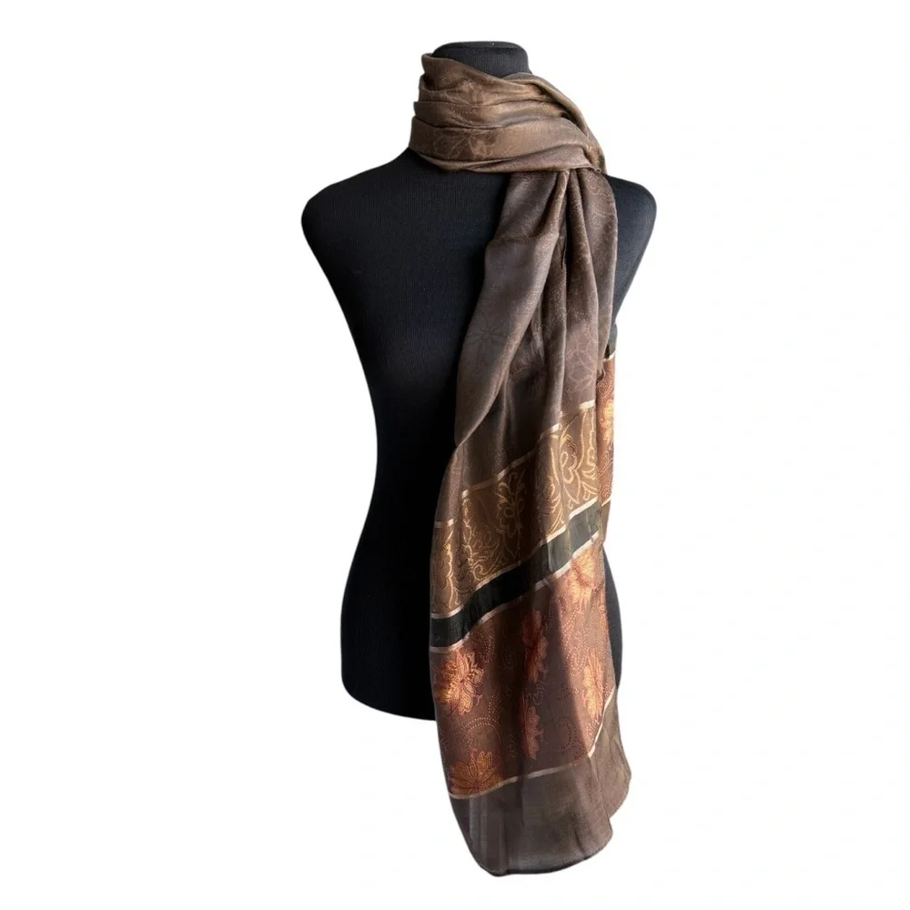 100% Silk Scarf Embroidered Brown Floral Scarf 67x21 Thanksgiving Preppy Fall